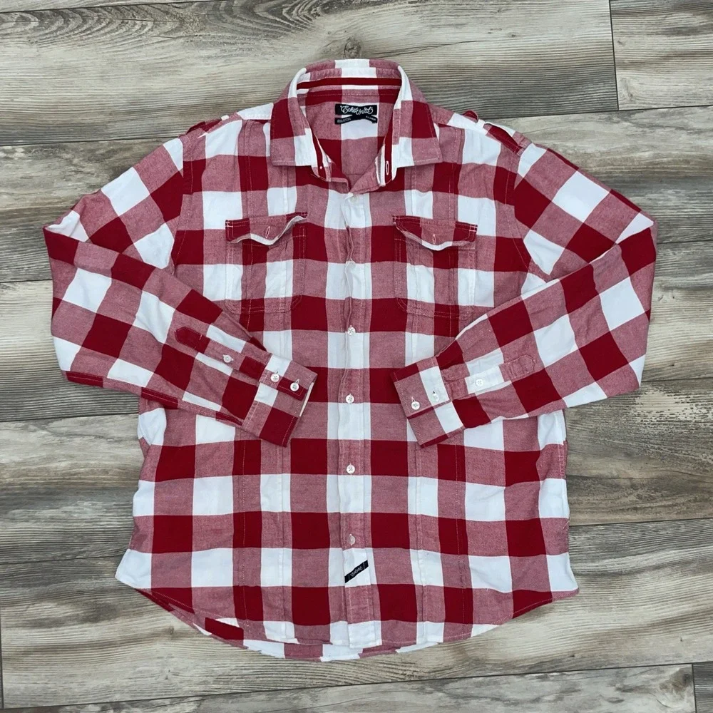 Ecko Unltd Red White Checkered Button Down Shirt Mens XL Long Sleeve Cotton